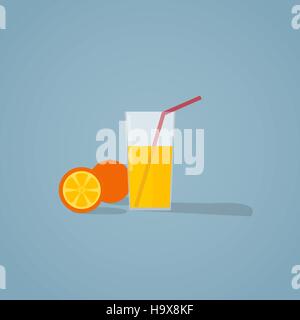 Flat illustration of glass of natural fresh orange juice and orange fruit. Stock Vector