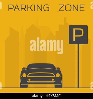 Yellow and black parking zone simple illustration. Sport car on skyscrapers background near parking sign. Stock Vector