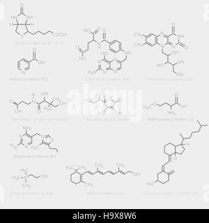 Skeletal formulas of some vitamins. Schematic image of chemical organic molecules, nutrients. Stock Vector