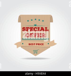 Cardboard label on site with design elements and Special offer and best price text. Stock Vector