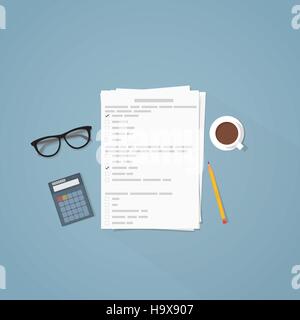 Flat illustration. Tests papers with questions and answer options. Stock Vector
