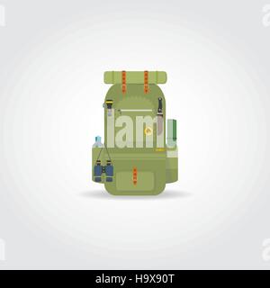 Flat illustration. Green isolated traveler backpack with accessories. Stock Vector