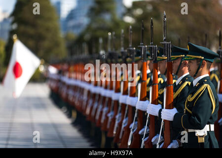 The Japanese Ground Self-Defense Force Honor Guard stands in formation during a welcoming ceremony at the Ministry of Defense November 7, 2016 in Tokyo, Japan. Stock Photo