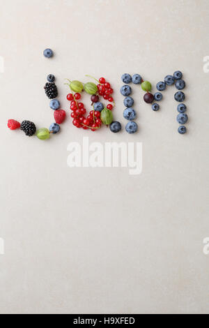 Word jam from berry, food background Stock Photo
