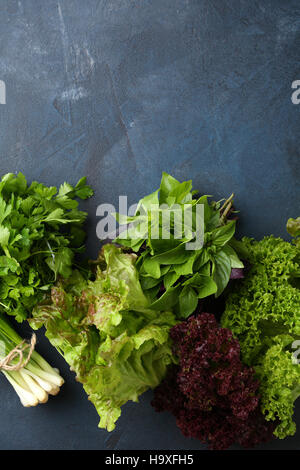 Fresh lettuce leaves on blue, food background