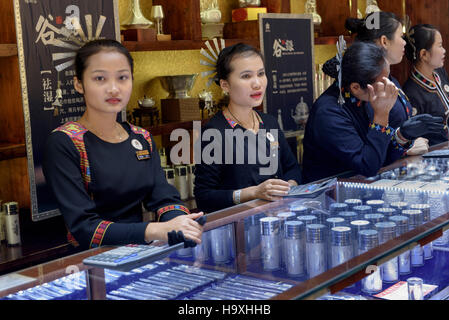 Sale of silver jewellery, Village Binlang of Li and Miao minorities near Sanya, Hainan island, China Stock Photo