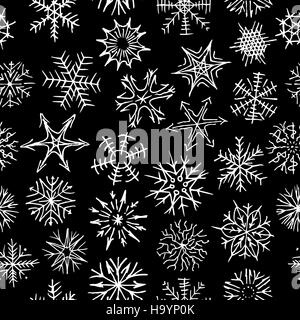 Many different shapes of snowflakes. Drawn by hand. Black and white illustration. icons Stock Vector