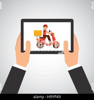 hand hold delivery food boy on scooter vector illustration eps 10 Stock Vector
