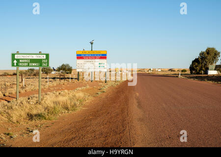 Road signs on the Oodnadatta Track leading out of Australia's smallest town, William Creek in Outback South Australia. Stock Photo