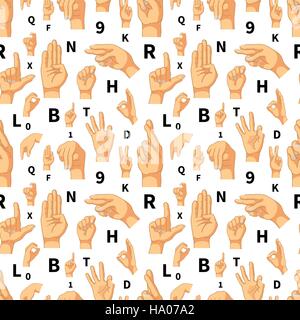 Hand language signs on white, seamless pattern Stock Vector