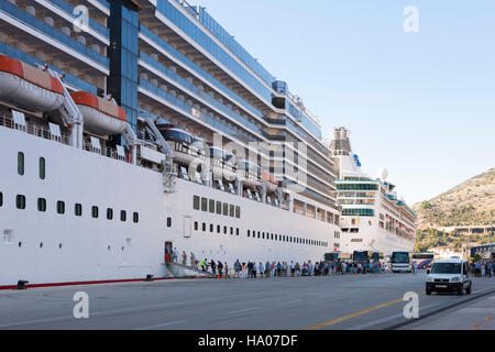 Queue of passengers boarding P&O Arcadia after a tour, cruise Termianal, Dubrovnik, Croatia. Stock Photo
