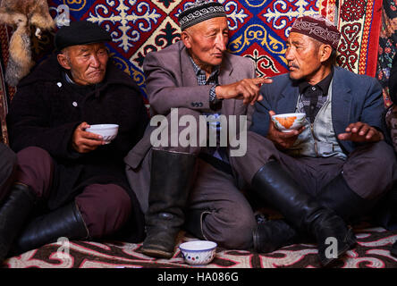 Mongolia, Bayan-Ulgii province, western Mongolia, nomad camp of Kazakh people in the steppe, festival inside the yurt Stock Photo