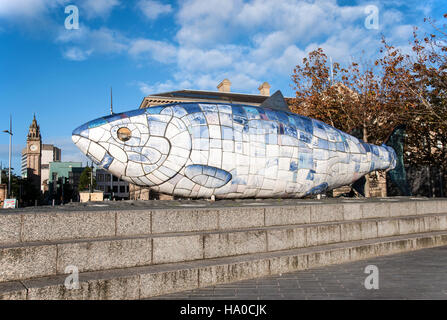 BELFAST, NORTHERN IRELAND, UK – SEPTEMBER 25, 2016: The Big Fish statue in Belfast, Northern Ireland.  A printed ceramic mosaic sculpture. Stock Photo