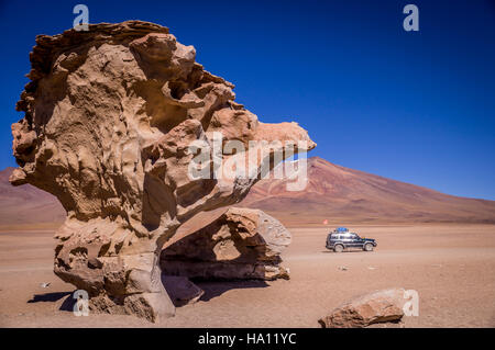 Jeep at Arbol de Piedra near Uyuni Stock Photo