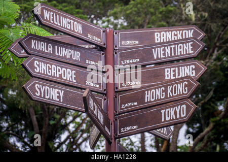Sign post pointing towards destinations in Asia and Australia Stock Photo