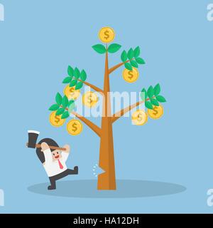 Businessman cutting tree of money, concept of people who are greedy and impatient cannot wait for sustainable growth. Stock Vector