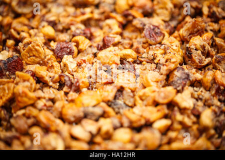 Peeled roasted chestnuts in pan Stock Photo
