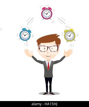 smiling cartoon businessman juggling with alarm clocks Stock Vector