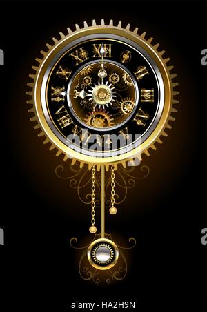 Pendulum clock in the style of steampunk, gold and  brass gears on a black background. Steampunk style. Design with gears. Technical Design. Gold gear Stock Vector