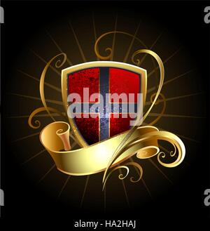 Red shield with golden ribbon on black background. Stock Vector