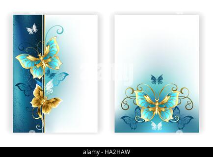 Design for brochure with luxury, jewelry, gold butterflies on a light turquoise and textural background. Golden Butterfly. Stock Vector