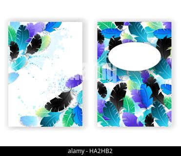 Designed with bright, blue, green, black, fluffy feathers on a white background. Design with feathers. Stock Vector