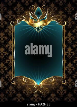 rectangular turquoise banner decorated with Fleur de Lis with gold pattern on a dark background Stock Vector