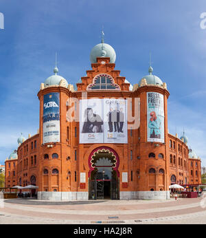 Campo Pequeno Bullring Arena main entrance. Portugal oldest and most iconic bullfight arena. 19th century Moorish Revival style. Stock Photo