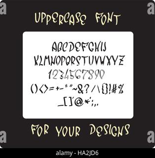 Uppercase font with letters, numbers and special glyphs english alphabet. Hand drawn lettering vector symbols. Stock Vector