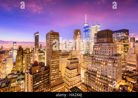 New York City Financial District cityscape at dusk.