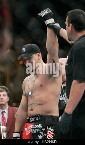 Frank Mir celebrates after beating Antoni Hardonk at UFC 74 during a mixed martial arts match at the Mandalay Bay Events Center in Las Vegas on Saturday August, 25, 2007. Photo credit: Francis Specker Stock Photo