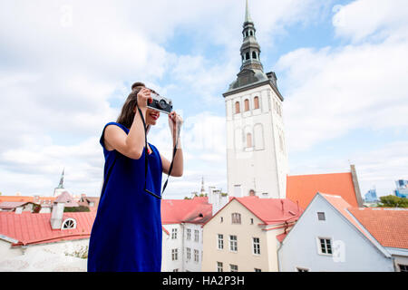 Woman traveling in Tallinn Stock Photo