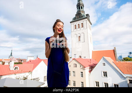 Woman traveling in Tallinn Stock Photo