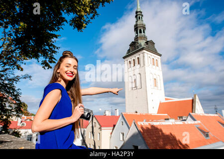 Woman traveling in Tallinn Stock Photo