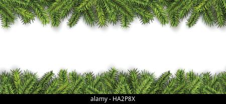 Christmas background green pine tree branches on white, realistic vector illustration. Stock Vector