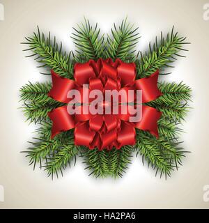 White card with Christmas wreath and red bow. Vector christmas background. Stock Vector
