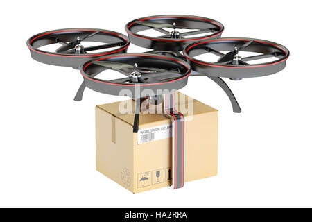 delivery drone with cardboard box parcel, 3D rendering isolated on white background Stock Photo