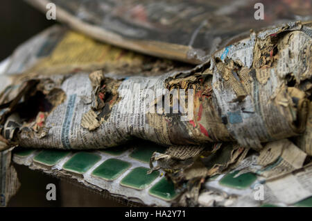 Wet, mouldy, rotting newspapers outside Stock Photo