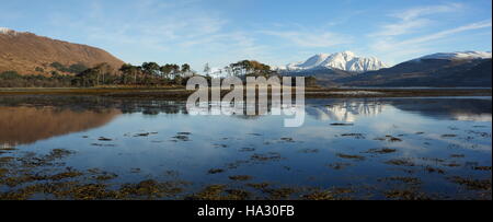 Winters morning at Inverscaddle Bay on the shores of Loch Linnhe in Lochaber with Ben Nevis in the distance. Stock Photo