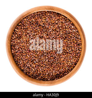 Red quinoa seeds in wooden bowl. Edible fruits of the grain crop Chenopodium quinoa in the Amaranth family is a pseudocereal. Stock Photo