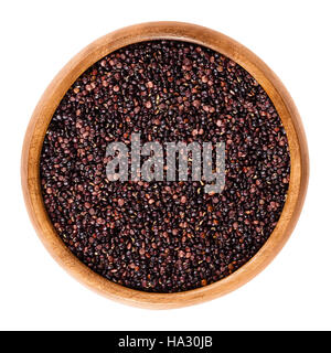 Black quinoa seeds in wooden bowl. Edible fruits of the grain crop Chenopodium quinoa in the Amaranth family is a pseudocereal. Stock Photo