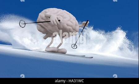 human brain with arms and legs that is skiing flat style, 3d illustration Stock Photo