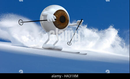 brown eyeball with arms and legs that is skiing flat style, 3d illustration Stock Photo