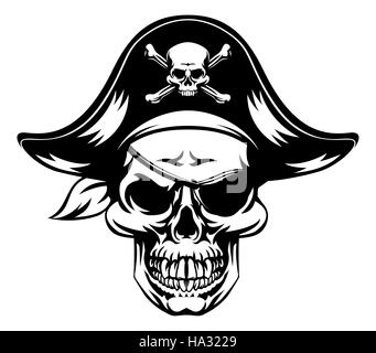 An illustration of a pirate Skull wearing a pirate captains hat and an eye patch with a skull and crossbones on it Stock Photo