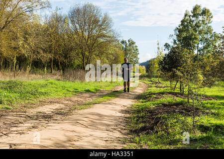 Big belly man jogging , exercising, doing cardio in the park , slightly overweight, loosing weight. On a lawn of green grass between trees without lea Stock Photo