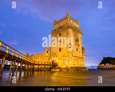 Torre de Belem on the bank of Tagus river in Lisbon, Portugal, at night. Stock Photo