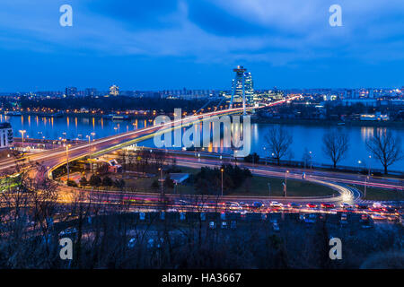 The UFO Bridge/tower in Bratislava spans the width of the Danube River & is one of the main thoroughfares into the city. Stock Photo