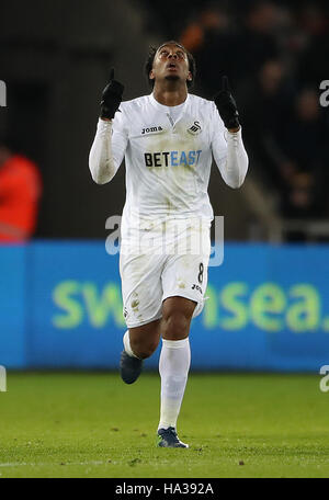 Swansea City's Leroy Fer celebrates scoring his sides third goal during the Premier League match at the Liberty Stadium, Swansea. Stock Photo