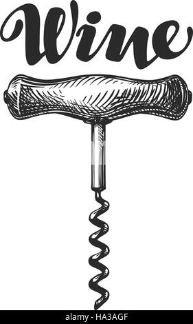Wine corkscrew sketch. Vector illustration Stock Vector