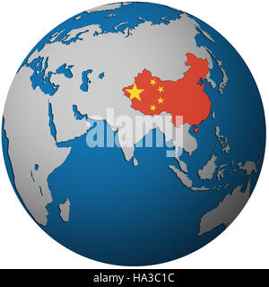 isolated over white territory of china with flag on globe map Stock Photo